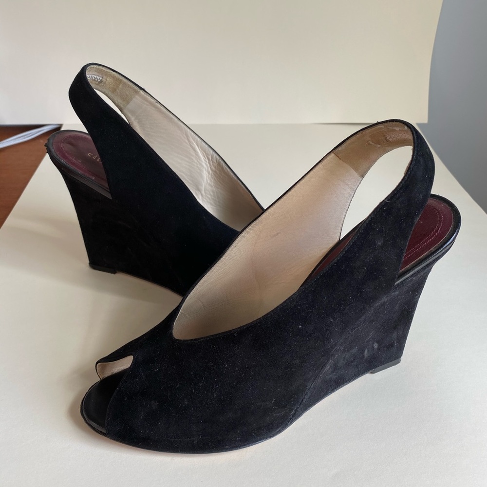 Celine Black Suede Peep Toe Wedge size 40